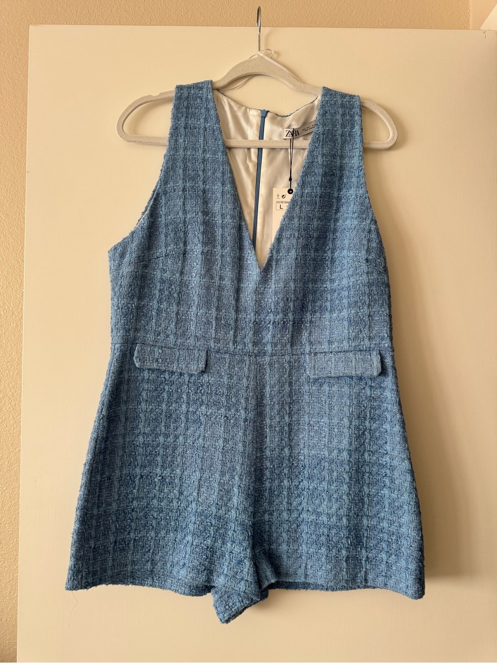 Zara Light Blue Tweed V-Neck Romper - Picture 2 of 4